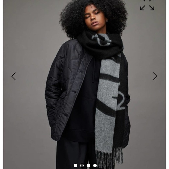 New All Saints Reversible Max Wool Logo Wool Scarf Black Gray Women's OS NWT - Picture 4 of 12